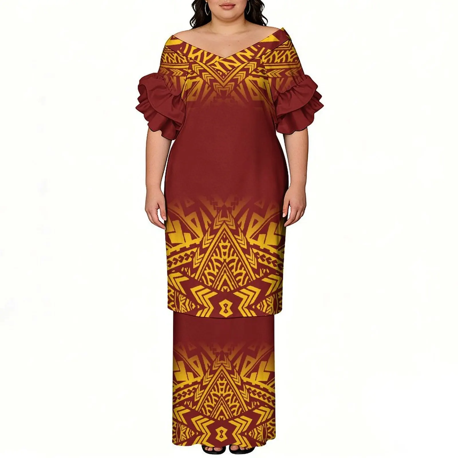 

Divide The Dress Into Sections Polynesia Lotus Sleeves Two-Piece Floor-Length Dress 3d Printed Pattern Puletasi