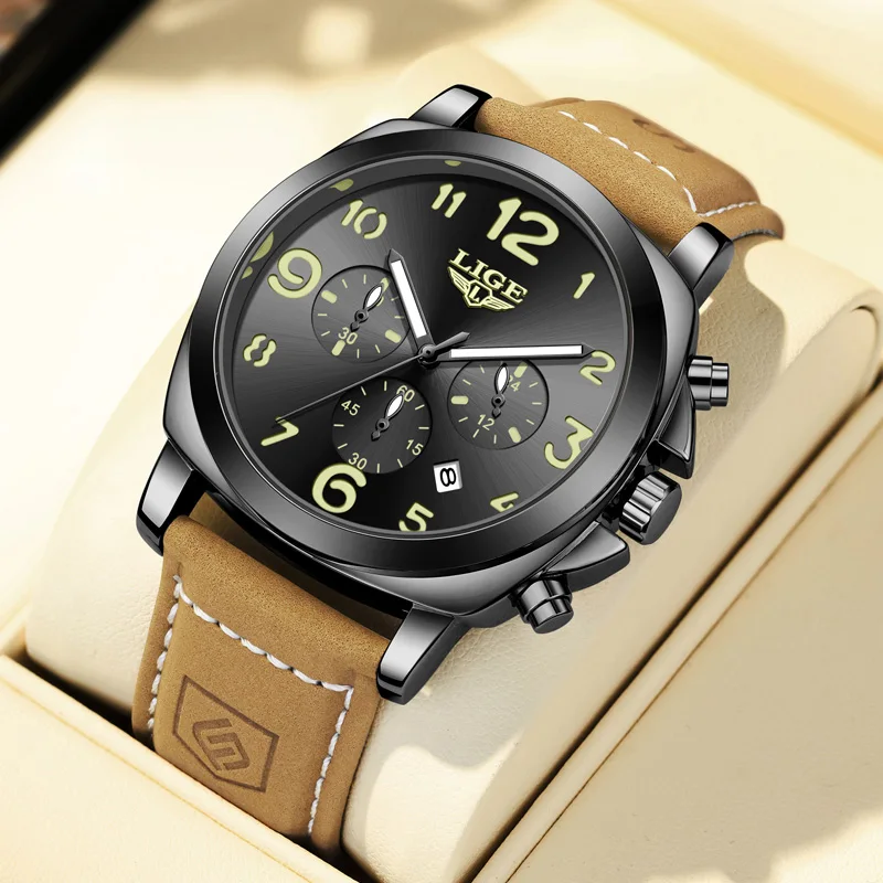 

LIGE Luxury Man Watch Chronograph Waterproof Luminous Date Watch for Men Casual Leather Sports Military Men's Quartz Watches+BOX