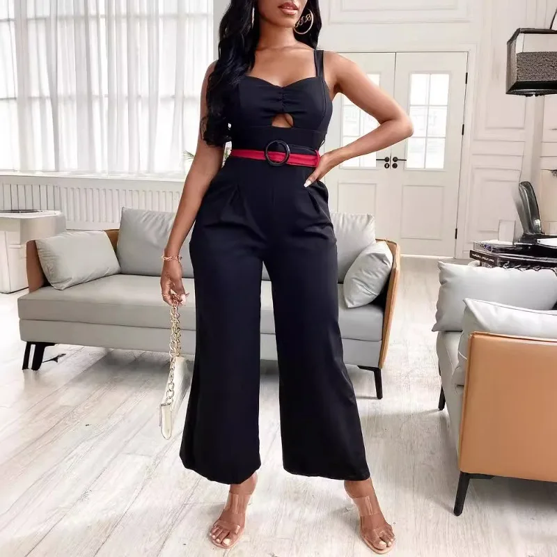 2024 Primavera Estate Nuove donne Abbigliamento Tinta unita Cinghie per spaghetti Senza maniche Scava fuori Cintura Pantaloni interi