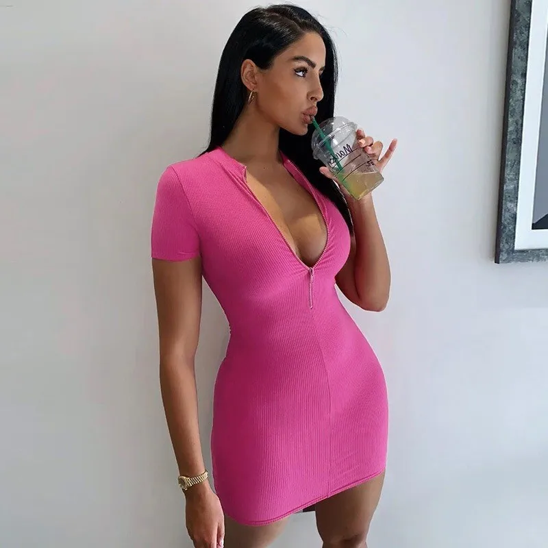 

Sexy Streetwear Bodycon Mini Dresses Women 2025 Fashion Casual Solid Color Short Sleeves Zipper Chic Nightclub Party Vestidos