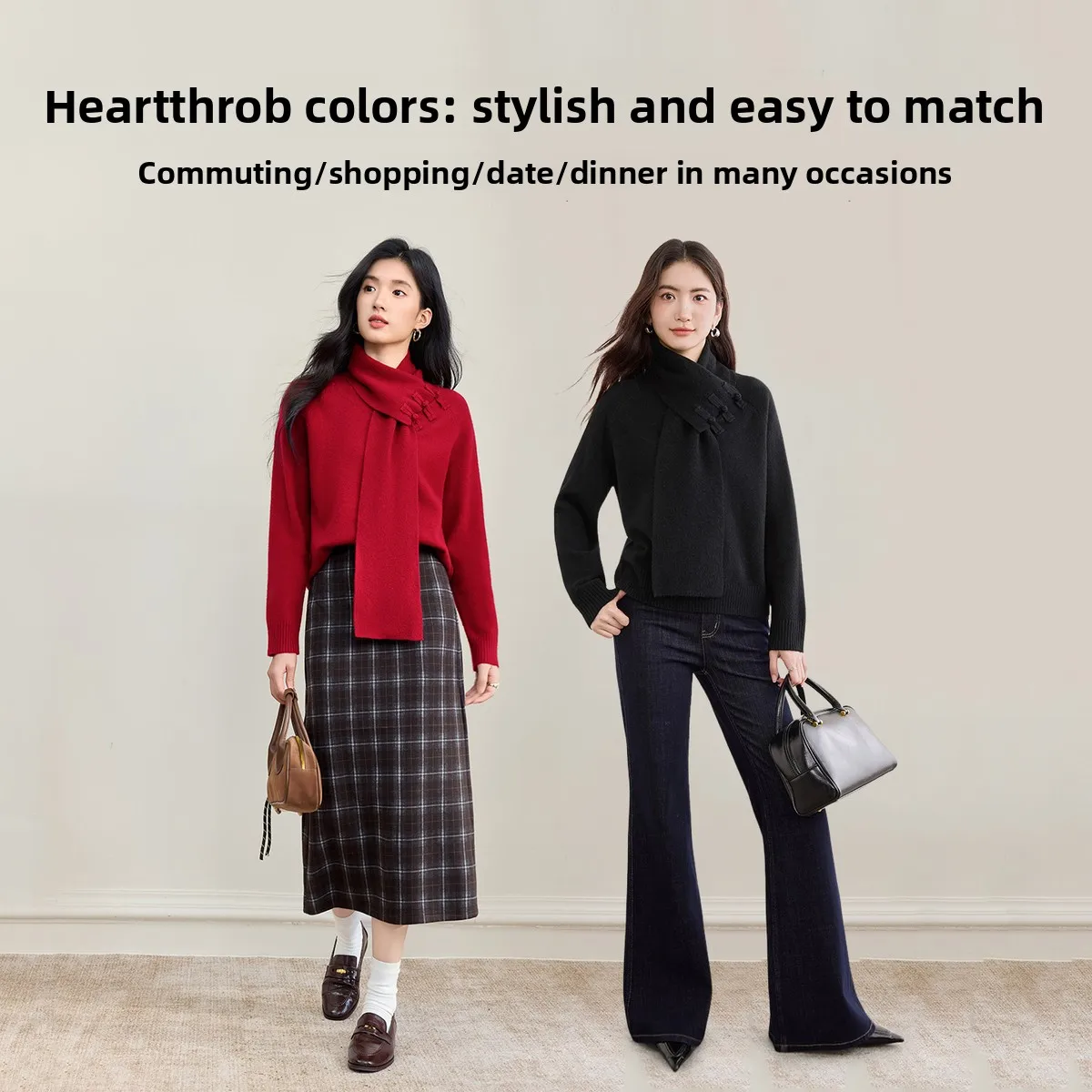 SENTUBILA Damski Sweter Dzianinowy Jesień 2025 Styl Chiński Odpinany Kołnierz Szalik Sweter Luźny Długi Rękaw Top W53EG3490