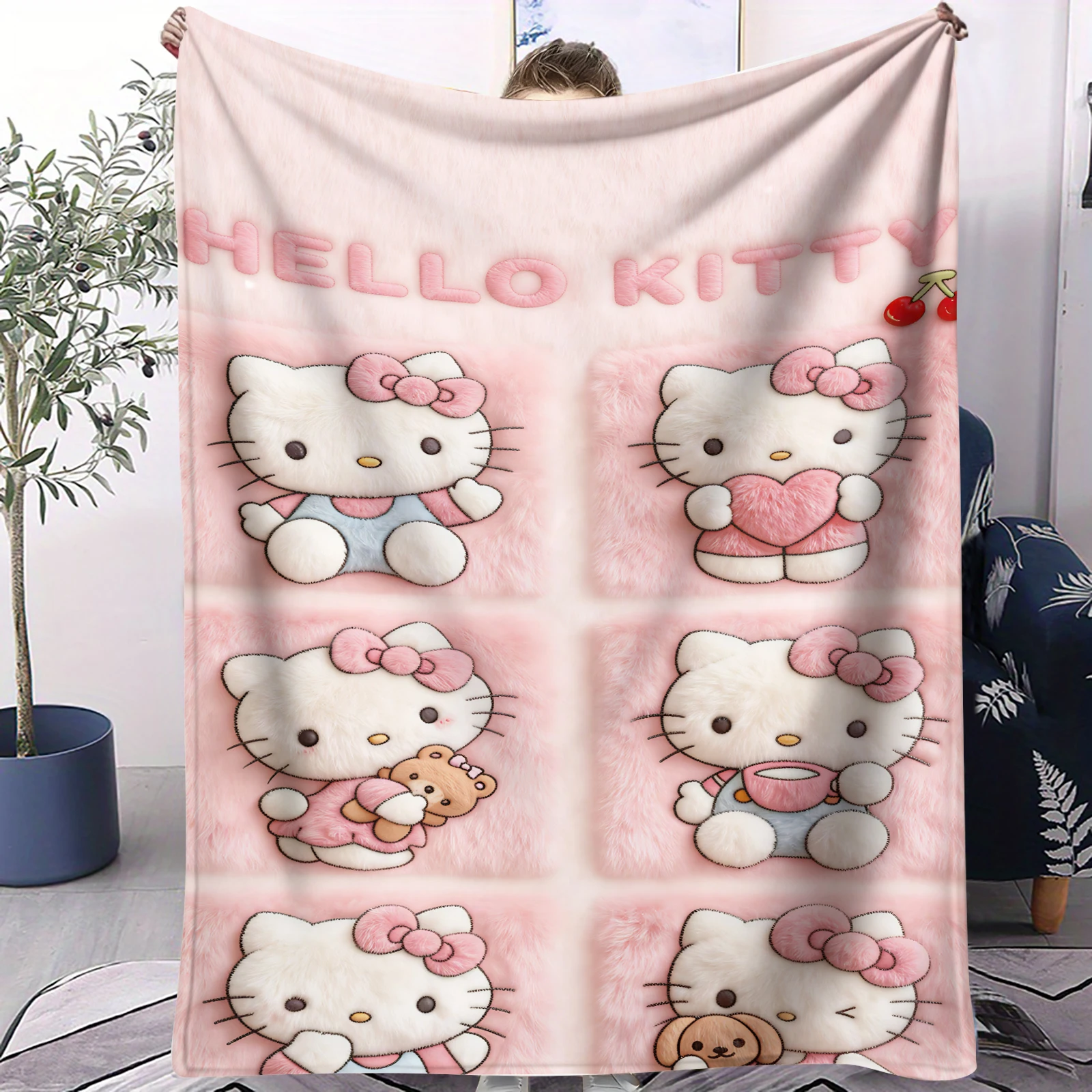 

Sanrio Lovely Hello Kitty Pink Patchwork Flannel Blanket Soft Fluffy Children Nap Throw Cartoon Blankets Kawaii Birthday Gifts