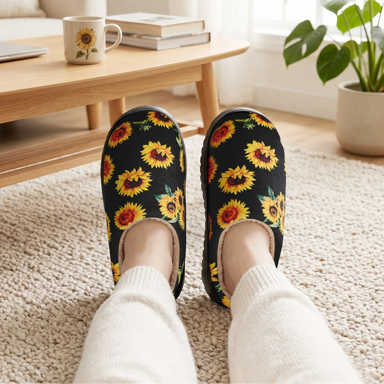 Women's Fuzzy House Slippers Memory Foam Sunflower Print Warm Cozy Indoor Outdoor Slip On Non Slip Bedroom Shoes for Women