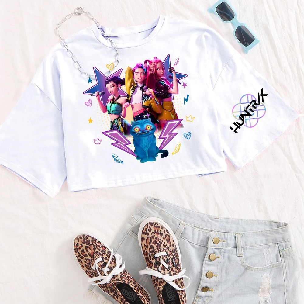 Kpop Demon Hunters Fanmerch Mira Rumi Zoey Huntrix Crop Tops regalo para fanáticos mujeres camisetas con cuello redondo