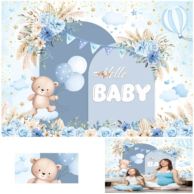 

LS Hello Baby Photography Background Baby Shower Kids Portrait Photo Backdrop Custom Banner Bohe Floral Bear Balloon Decor Props