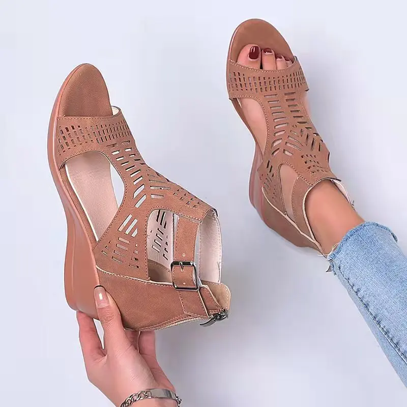 

2022 Spring Summer New Wedge Sandals Women High-heeled Buckle Shoes Ladies Fish Mouth Hollow Out Plus Size 35-43 Sandals Women