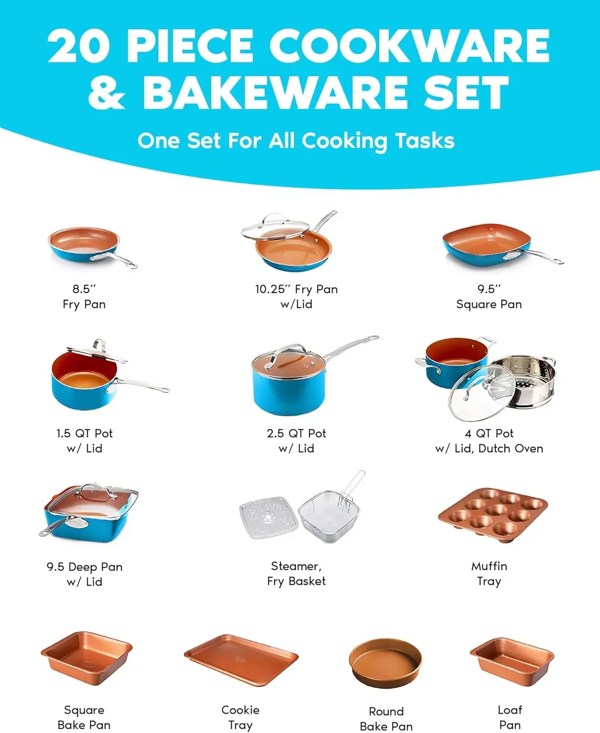 Steel 20 Piece Copper Pots and Pans Set Nonstick Cookware Set + Complete Ceramic Bakeware Set for Kitchen with Long Lasti