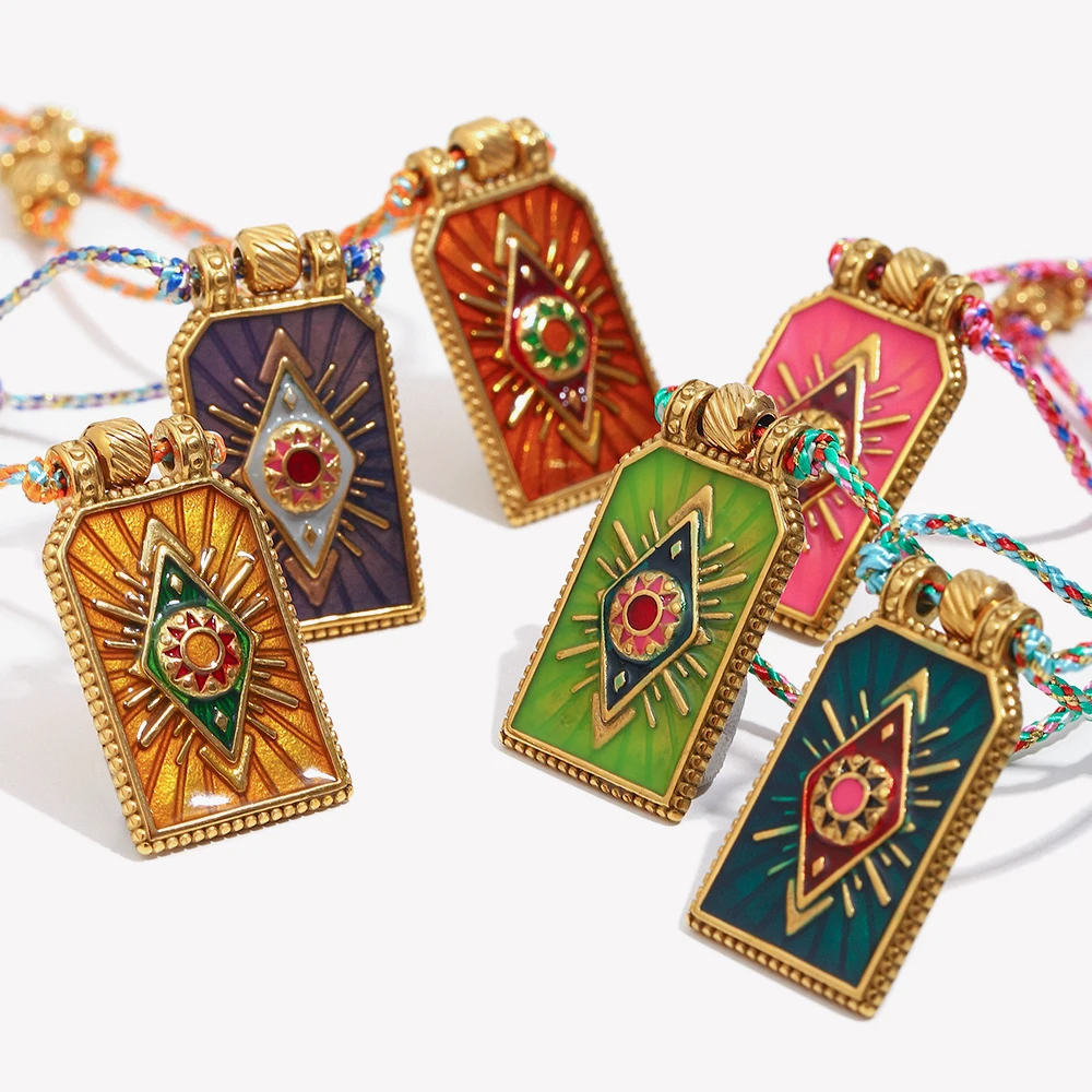 E.B.belle Women's New Hand Woven Colorful Rope Enamel Tarot Eye Pendant Necklaces Gold Plated Stainless Steel Jewelry