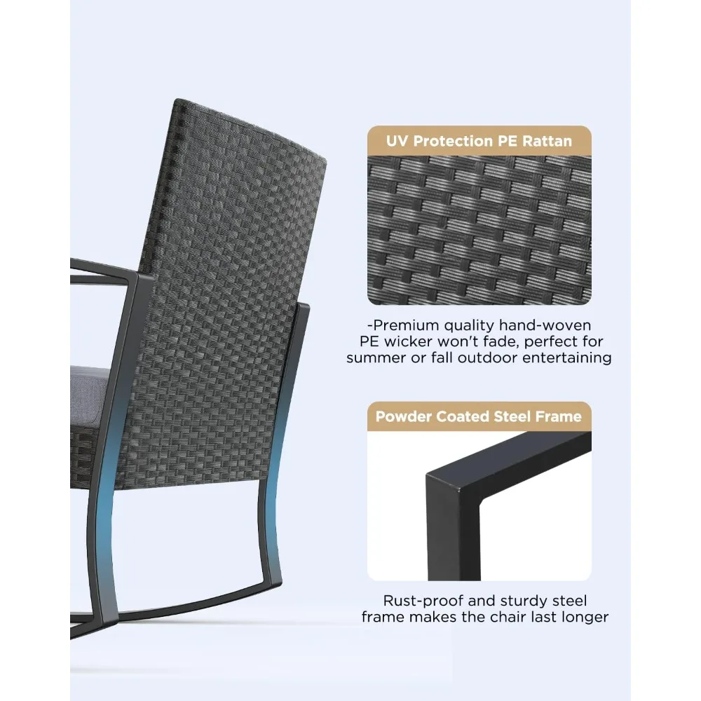 3 Pieces Patio Furniture Set Rocking Bistro Set Outdoor Rattan Conversation with Coffee Table for Garden Balcony