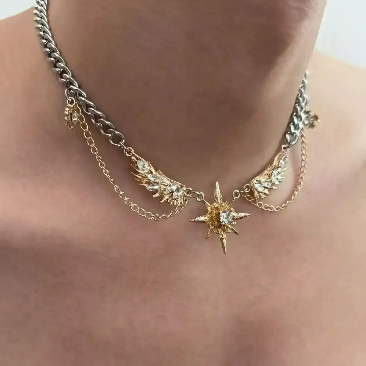 Gothic Punk Gold Color Wings Star Creative Y2K Necklace Choker For Women Men Unique Hip Hop Multi Layer Neck Accessories Jewelry