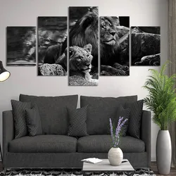 5 Pieces Wall Art Canvas Animal Poster Black Background Lion Painting Living Room Picture Print Bedroom Mural Home Decoration