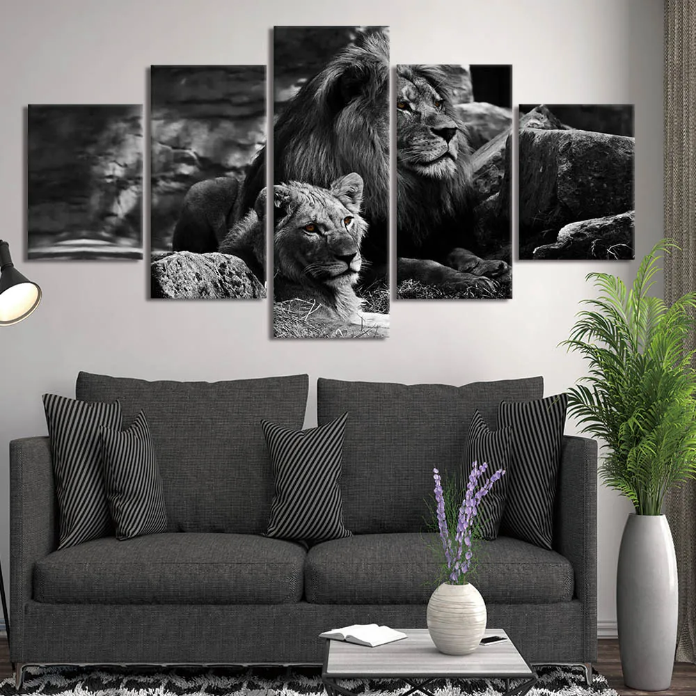5 Pieces Wall Art Canvas Animal Poster Black Background Lion Painting Living Room Picture Print Bedroom Mural Home Decoration