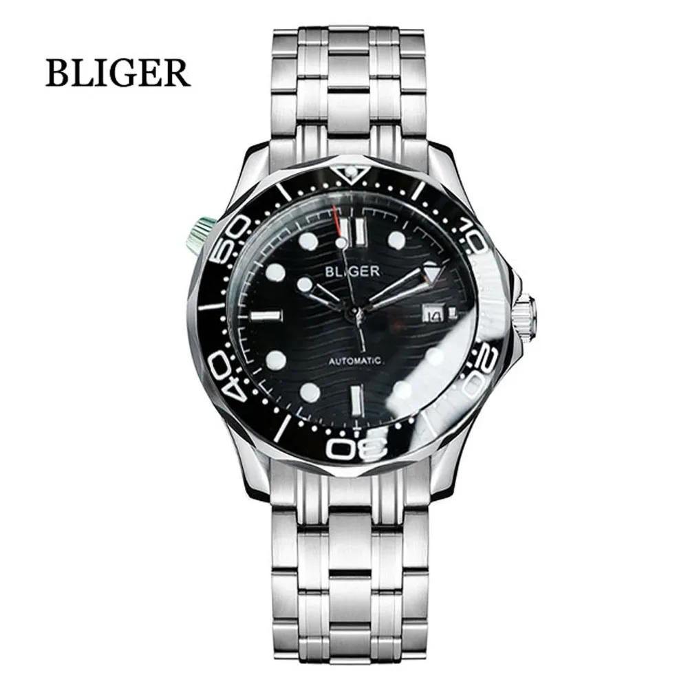 BLIGER 41mm 25 Jewels PT5000 NH35A MIYOTA 8215 Automatic Men\'s Watch Black Dial Sapphire Glass Luminous Marks Glass Back