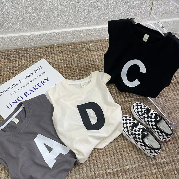 2025 Children's Summer Clothing New Cotton Sleeveless T-shirt Printed Korean Loose Top Thin for Boys and Girls