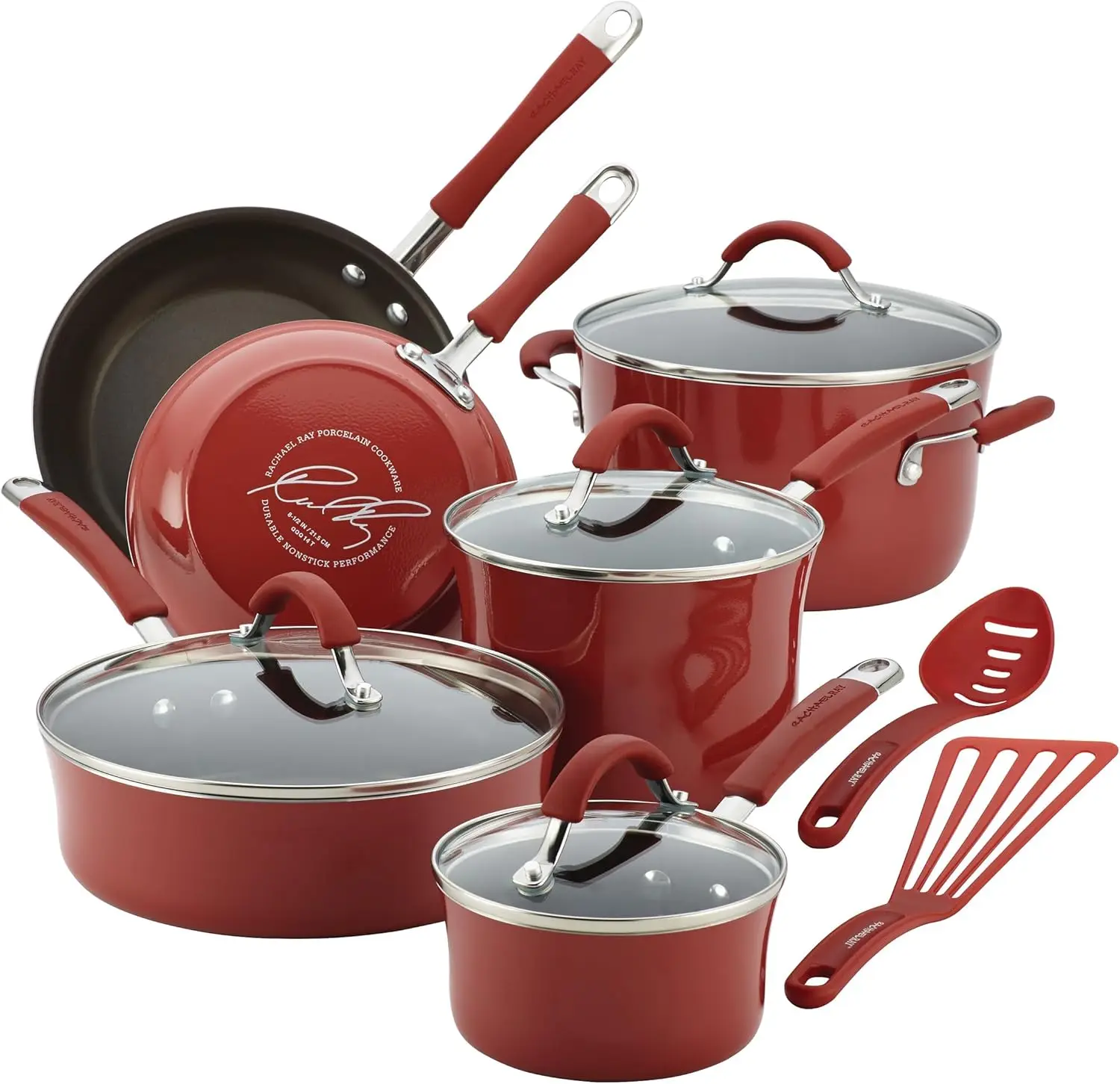 

Rachael Ray Cucina Nonstick Cookware Pots and Pans Set 12 Piece Cranberry Red Kitchen