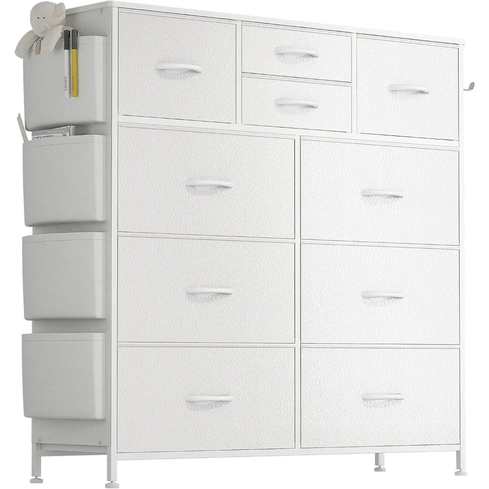 

White Dresser for Bedroom with 10 Drawers, Chest of Drawers with Side Pockets and Hooks, PU Storage Dresser