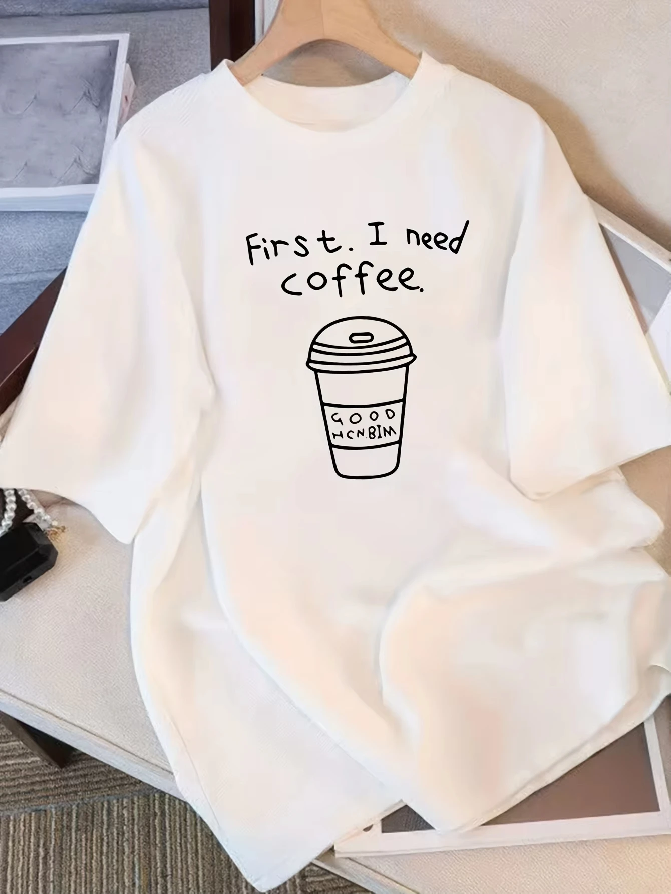 Women's Short Sleeve TShirt First I Need Coffee Graphic Print Harajuku Short Sleeve Casual Clothing Street Aesthetic Clothes