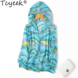 Tcyeek 100% Mulberry Silk Top Women Hooded Summer Cardigan Coats Sunscreen Clothing Stripe Shawl Coat Women's Long Sleeve Tops