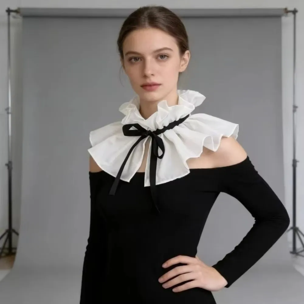 Retro High Neck False Collar Lace Up Pleated Design Detachable Collar Ribbon Tie Polyester Material Faux Collar Casual Wear