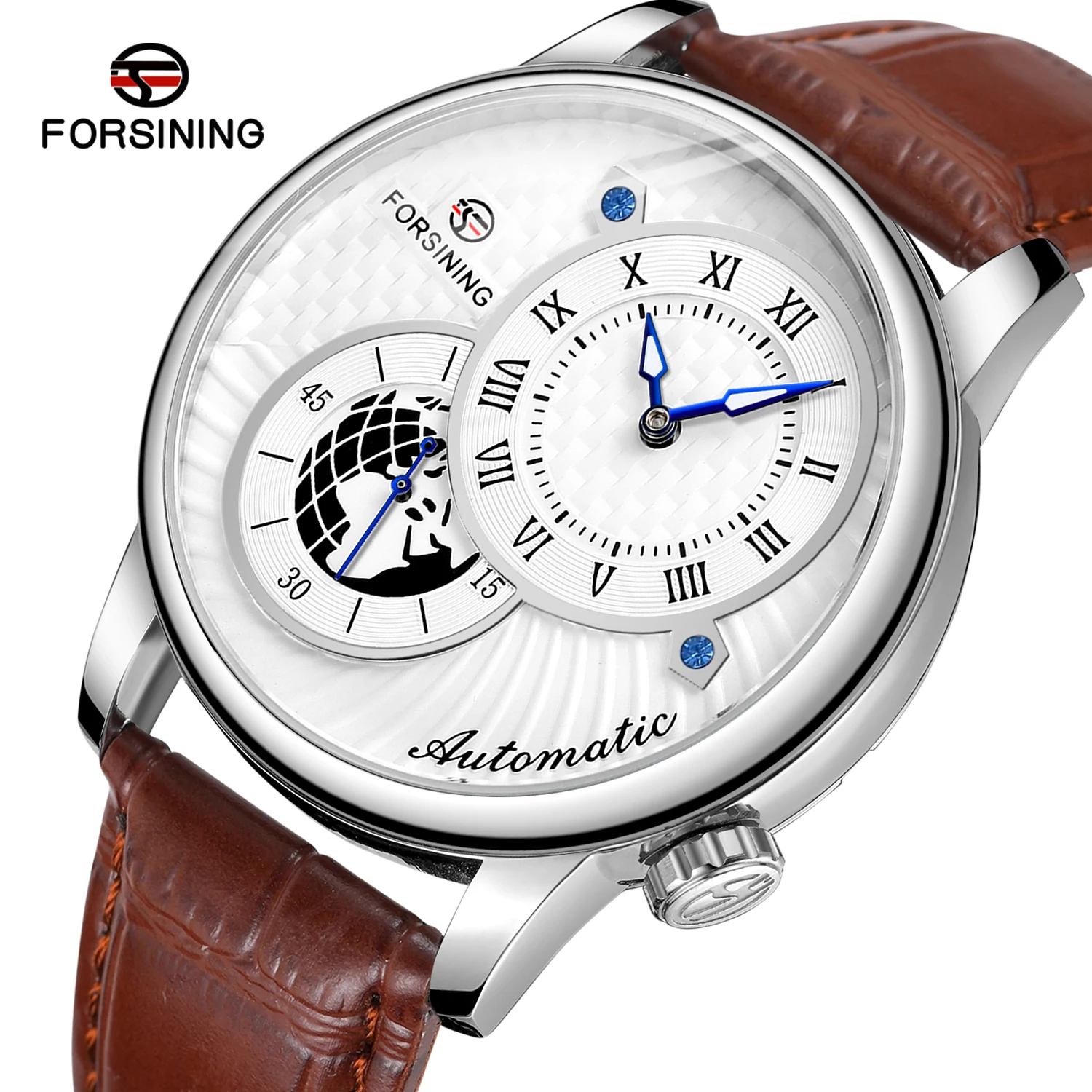 AAA+ Forsining Earth Image Two Dial Automatic Mechanical Watch for Men Fashion Clock Relogio Masculino For Men Leather Strap