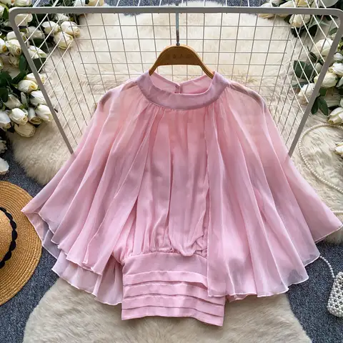 Women Blouses Shirt Basic Sheer Tops Half Sleeves Stand Collar Pullover Waist Cinch Thin Loose Office Lady Casual 2026 Summer