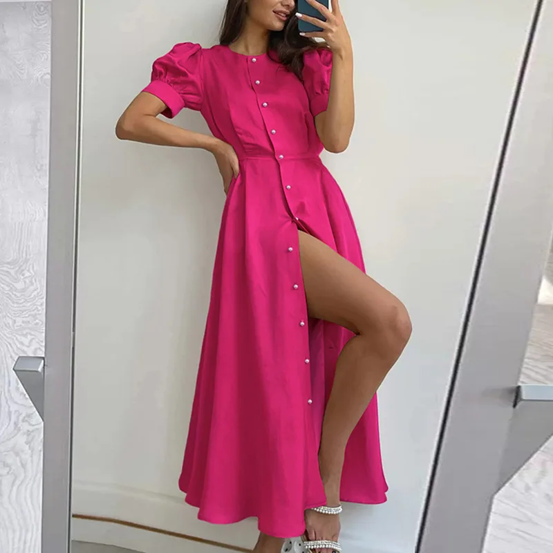 Classic Solid Split Sexy Dresses for Women 2023 Summer Elegant Lantern Sleeve O-Neck فساتين طويلة Women's Button Shirt Dress 원피스