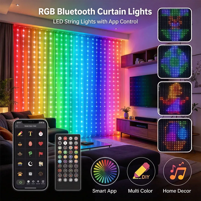 400個のledを使用したクリスマスウィンドウカーテン型ストリングライト。スマートアプリで操作可能。diyでパターンや文字を自由に設定でき、rgbカラーで点灯パターンを変化させられる。パーティー、家庭用装飾、屋内での使用に最適。
