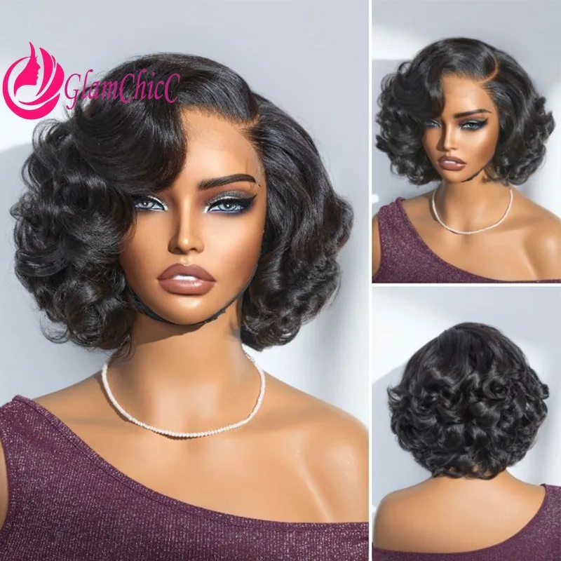 

Premium13x4Lace Front Pixie Wave Natural Color Human Hair Wig Brazilian Virgin Remy Pre-plucked with Baby Hair Natural Hairline