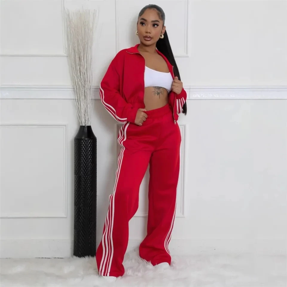 

Fashion Splicing Striped Zipper Sports Suit Women'S Spring Autumn Thick Hoodie Casual Loose Wide Leg Trousers 2 Piece Set Female
