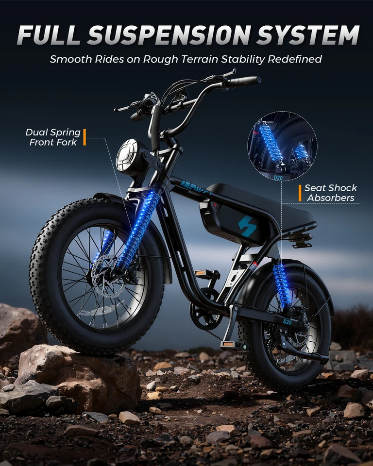 Hopepeak D20 Electric Bike, 20" Fat Tires Electric Mountain Bike, 1800W Peak Motor 48V 15.6Ah, 28 MPH 75Mi Range Off-Road Ebike with Full Suspension image 8