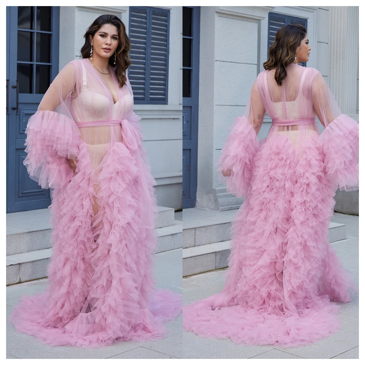 

Elegant Ruffle Evening Dresses Women's Long Sheer Pregnancy Bathgown Maternity Tulle Long Sleeves Robe for Photo Shoot