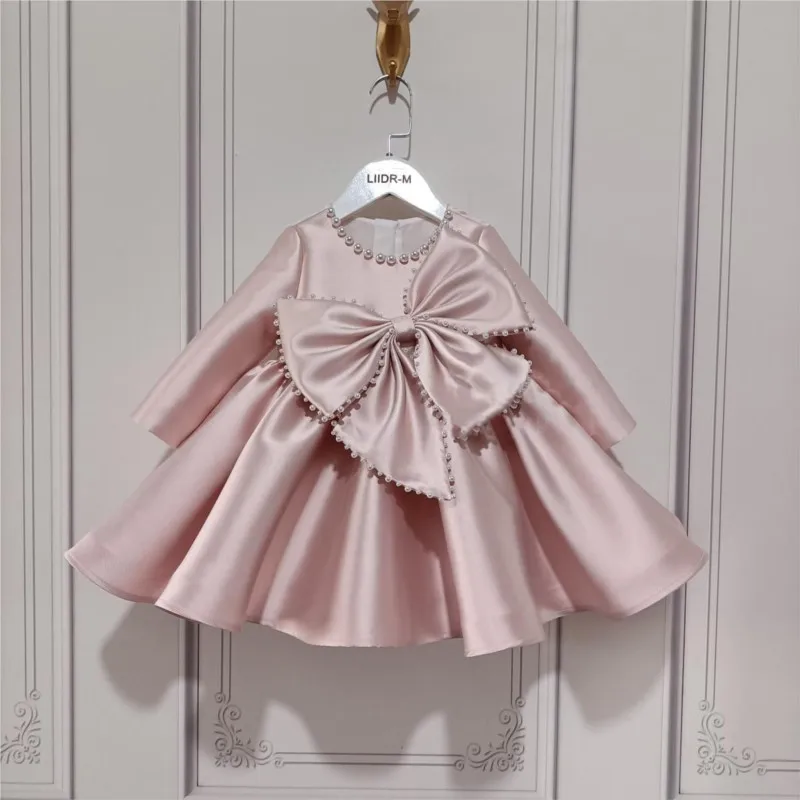 Baby Girl Princess Silk Pearl Dress Long Sleeve Infant Toddler Child Vintage Bow Vestido Party Pageant Birthday Clothes 1-14Y