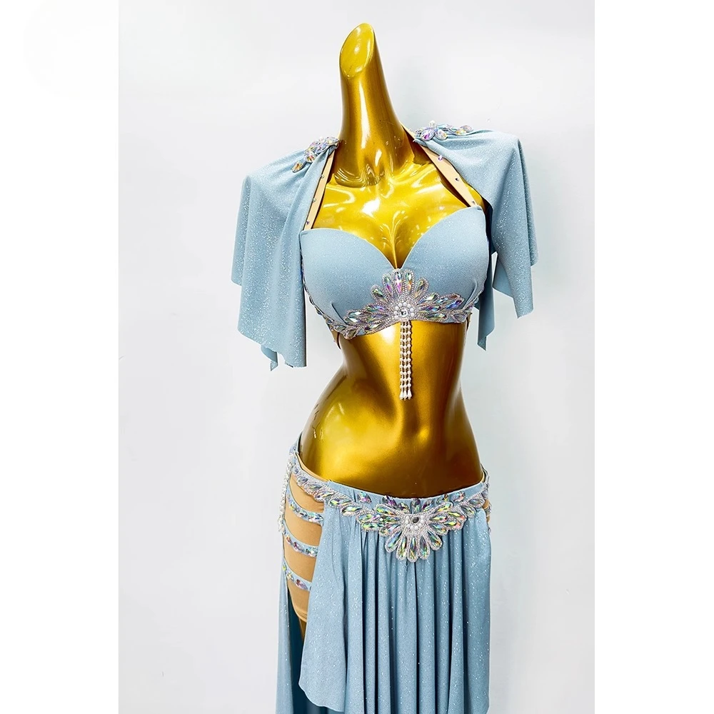 Abito da pratica personalizzato per danza del ventre Abito da pratica Haze Blue Costumi di danza orientale Set di abiti da spettacolo Gonna reggiseno femminile