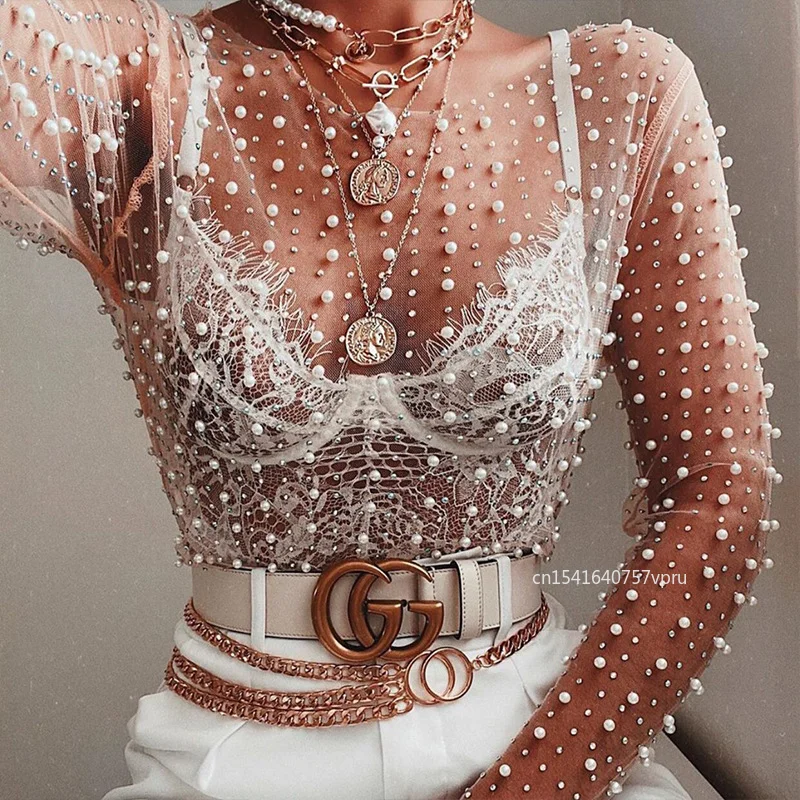 Women's Carnival Style Pearls Beaded Rhinestone Detail Sheer Mesh Crop Clubwear Cover Up Top Perspective Mesh