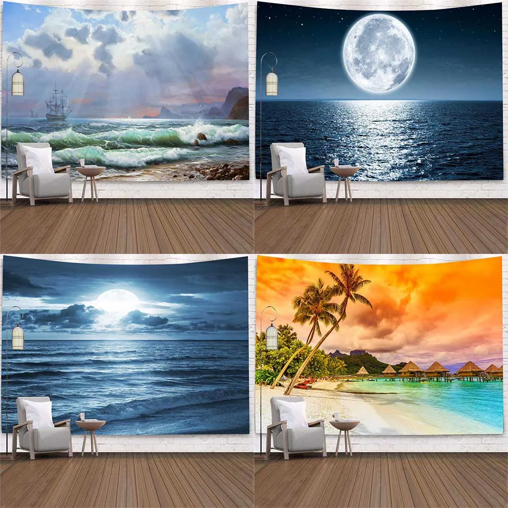 

Sea full moon coconut tree night scene pattern tapestry home living room bedroom wall decoration background cloth