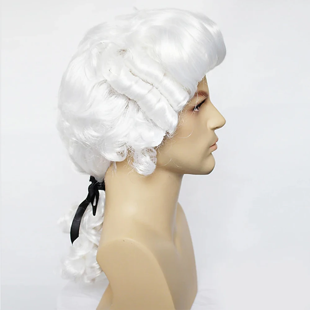 HAIRJOY Kunsthaar-Kolonial-Cosplay-Perücke für Anwalt, graue Perücken, lange lockige gewellte Perücken für Männer – Detail 2