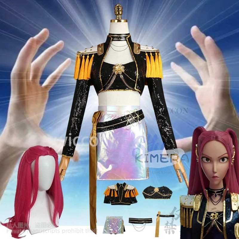

Kpop Demon Mira Huntrix Косплей Золотой сценический костюм Корея Идол Униформа для девочек Черное панк-пальто Мини-платье Лолита 코스프레 Хэллоуин