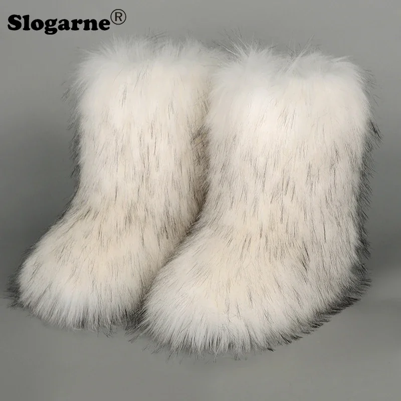 2024 Women\'s Winter Faux Fox Fur Boots Woman Plush Warm Snow Boots Luxury Footwear Girls\' Furry Fur Bottes Fashion Fluffy Shoes