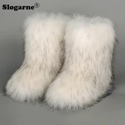 2024 Women's Winter Faux Fox Fur Boots Woman Plush Warm Snow Boots Luxury Footwear Girls' Furry Fur Bottes Fashion Fluffy Shoes