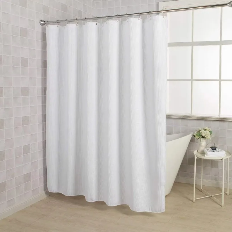 Best Selling Luxury Plain Jacquard Waffle Woven Polyester Shower Curtain Set with 12 Hooks