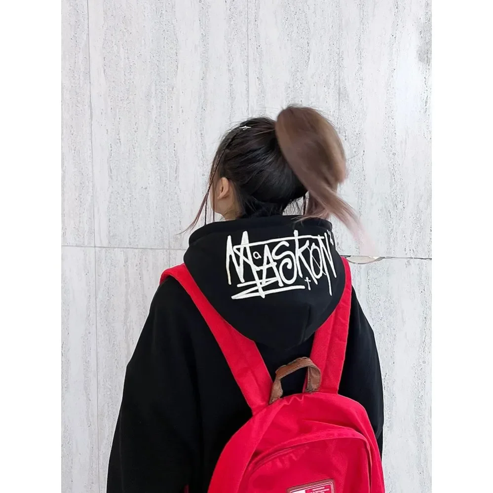 Harajuku Letter Embroidered Fluorescent Green Hooded Sweatshirt American Hiphop Loose Couple Coat Y2k Kawaii Women Clothing