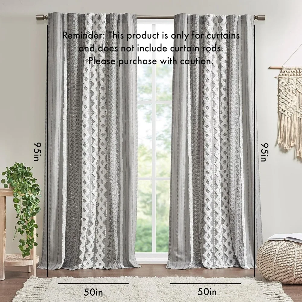 Gray Chenille Striped Cotton Curtain Panels with Lining, 50x95, Suitable for Durable Window Treatments