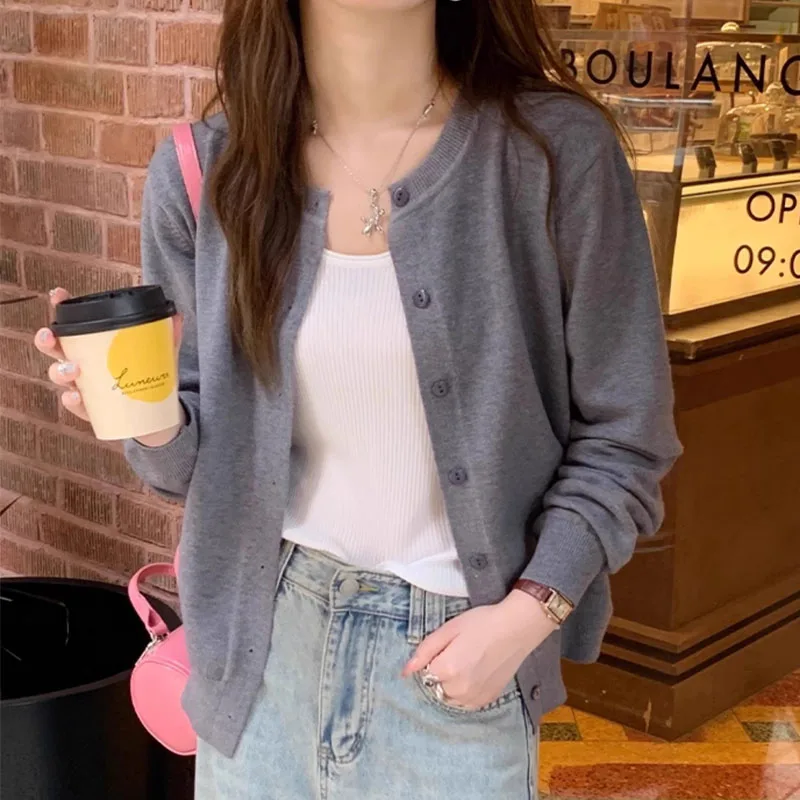 Knitted Sweater Women Cardigans New Long Sleeve O-Neck White Knit Sweater Cardigan Women Tops Knitwears Sueters De Mujer Q929