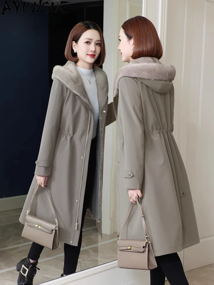 AYUNSUE Natural Mink Fur Coat Women Winter Clothes Mid-length Parka Liner Detachable Real Fur Coat Womens Coats Пальто Женское