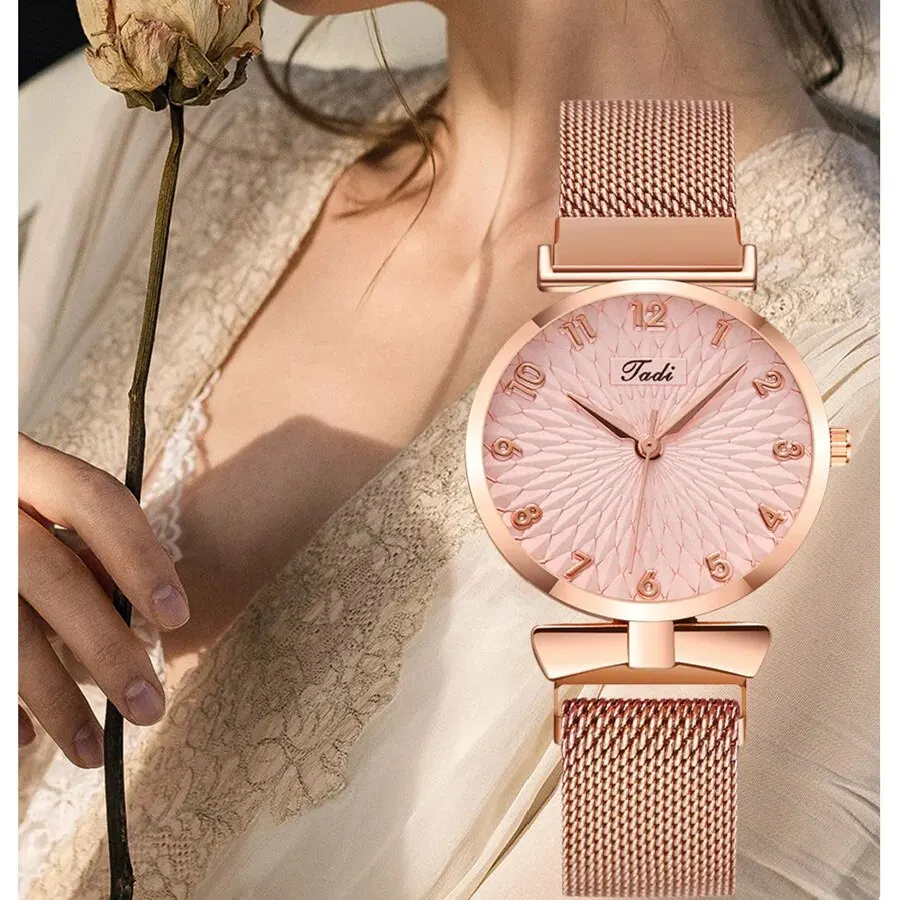 2PCS Set Women's Watch Set Trendy Pink Design Mesh Belt Alloy Wristwatch Fashionable Timepiece Quartz Watch Lady