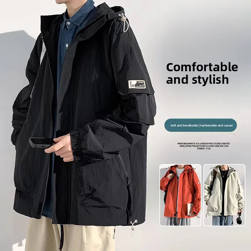 

plus Size Workwear Jaet Men's Loose Casual American Bla Hooded Spring Autumn Heavy Du Nylon Windproof Zipper Closure Coat
