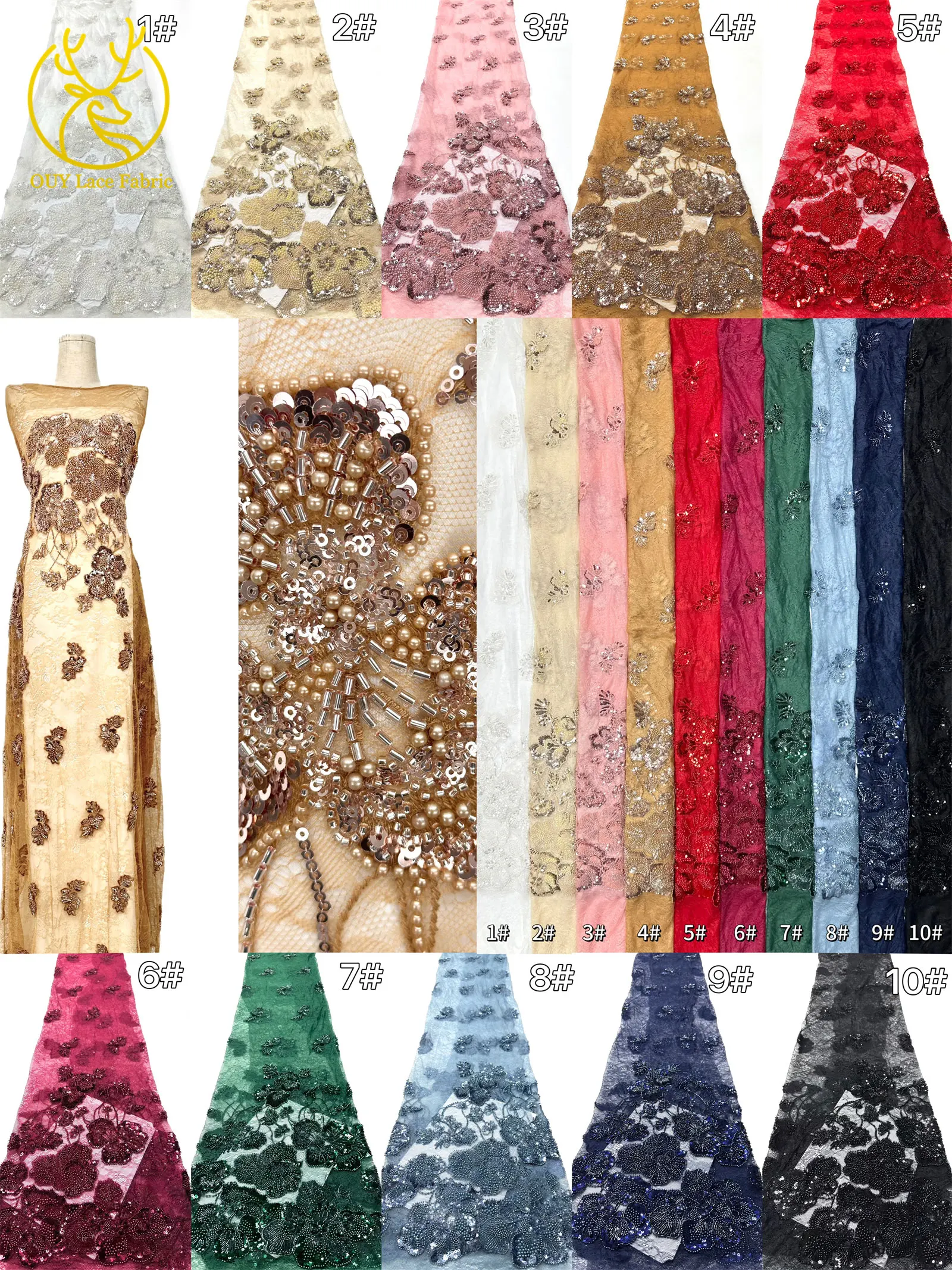 Afrikanischer Perlen-Spitzenstoff, 5 Yards luxuriöser nigerianischer französischer Pailletten-Spitzenstoff, ideal zum Nähen von Damen-Partykleidern – Detail 3