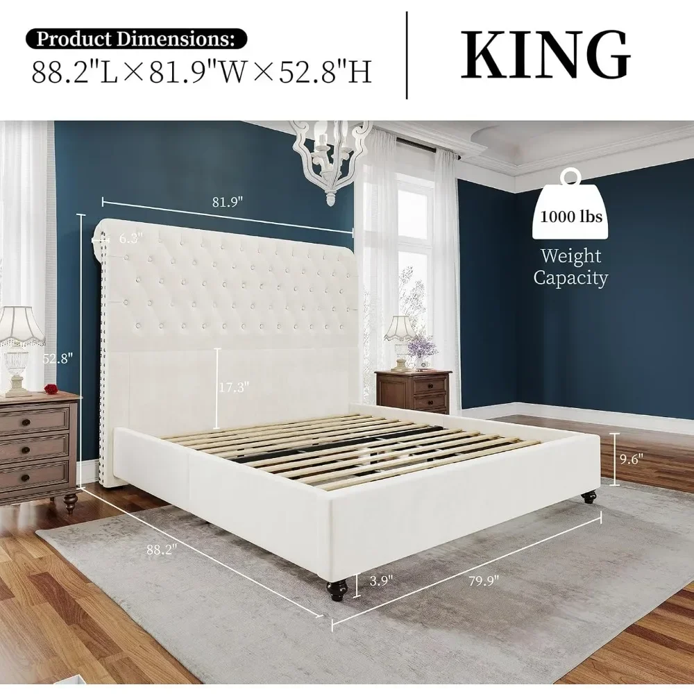 Bed Frame Upholstered Platform Button Tufted, No Box Spring Needed, Easy Assembly Bed Frame with 52.8'' Tall Sleigh Headboard