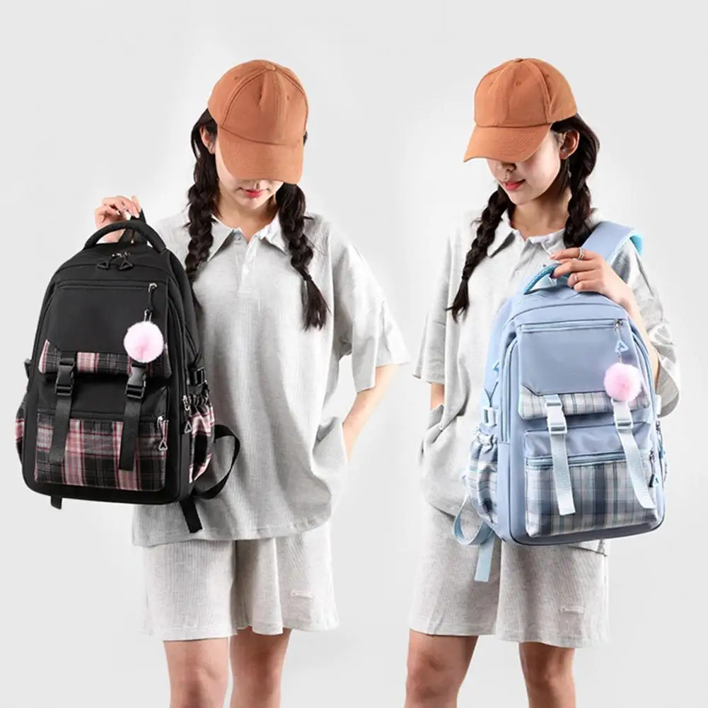 Capacity Travel Backpack Plaid Print Student Backpack with Plush Ball Pendant Capacity Multi Compartments for Pupils for Outdoor