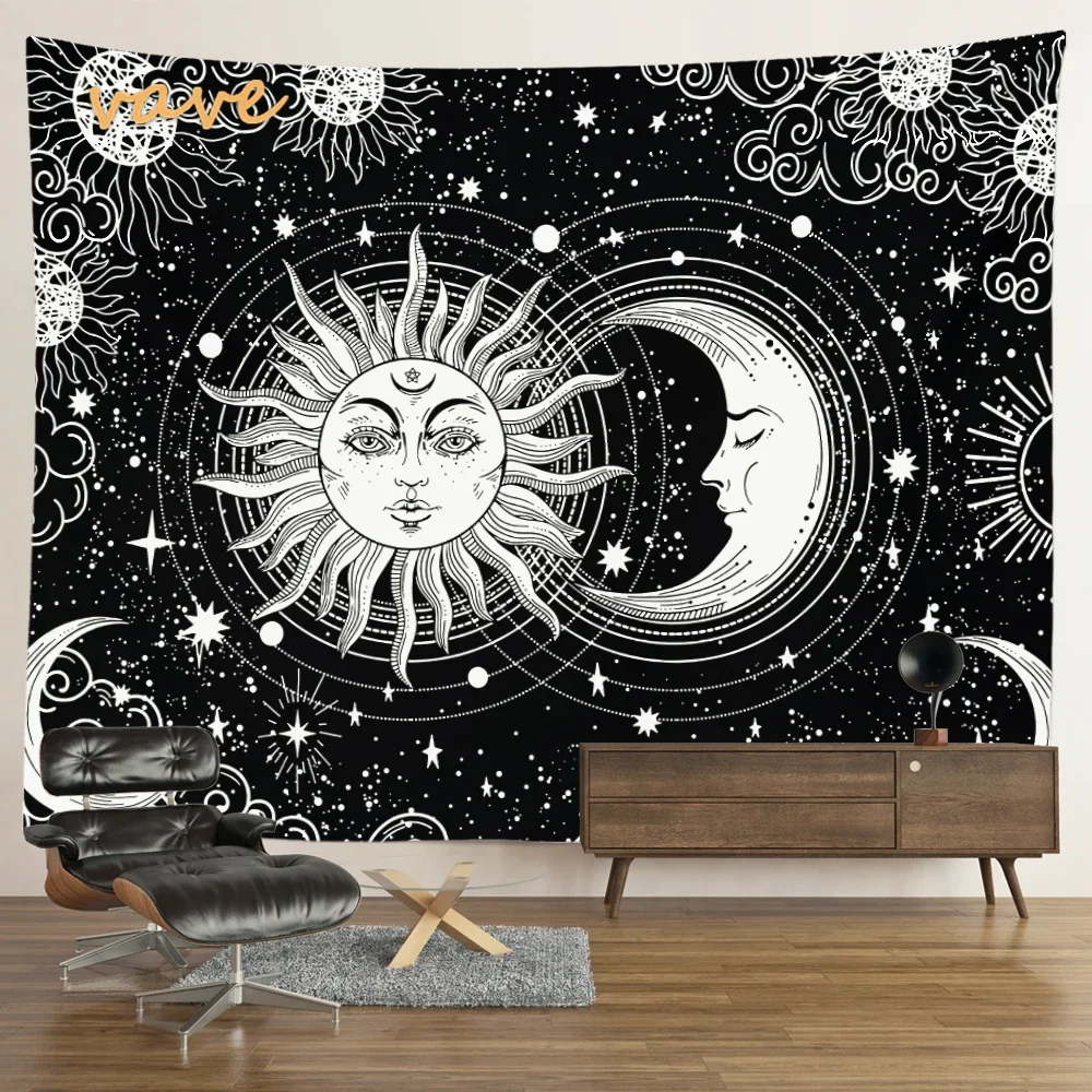 Tarot Mandala Tapestry Sun And Moon White Black Cloth Fabric Large Tapestry Wall Hanging Boho Hippie Aesthetic Dorm Room Decor